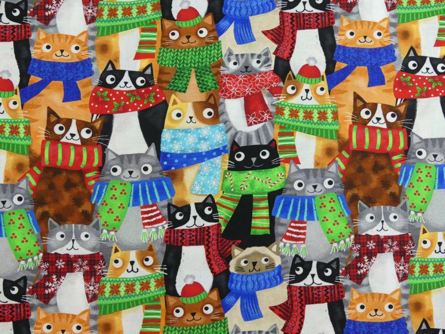 Patchworkstoff von Timeless Treasures mit Katzen mit bunten Schals